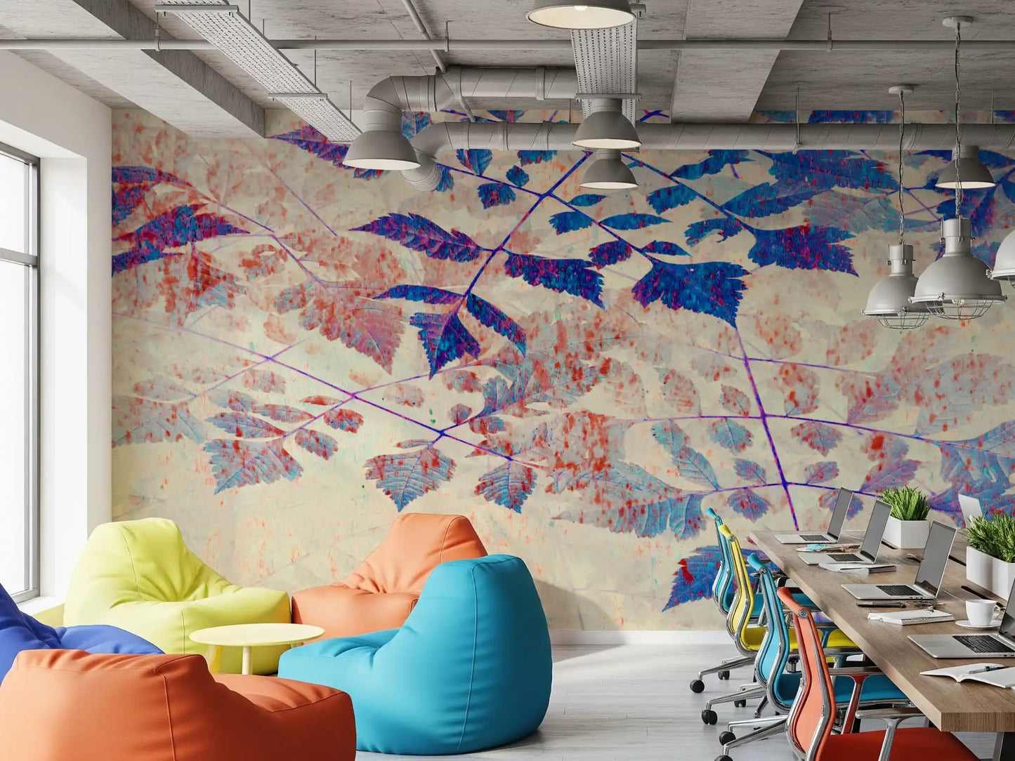 Office area Indigo Leaf mural with fine branches and pale cream texture