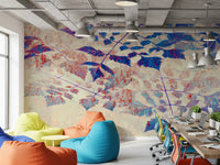 Office area Indigo Leaf mural with fine branches and pale cream texture