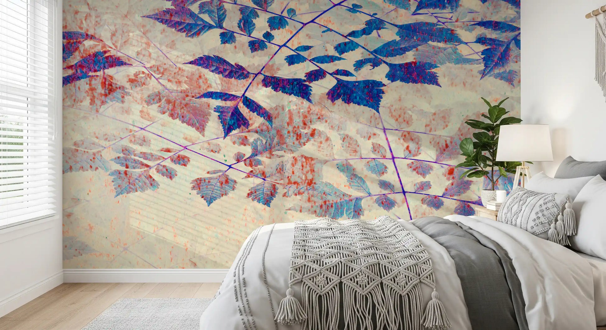 Foliage wall mural with blue botanical forms and faded cream background
