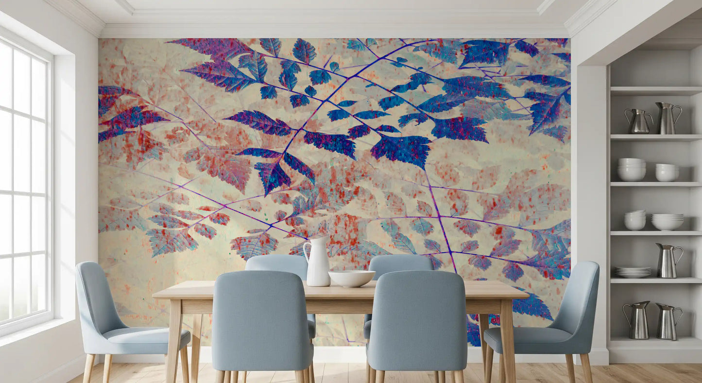Indigo Foliage Wall Mural with layered blue leaves and soft coral accents