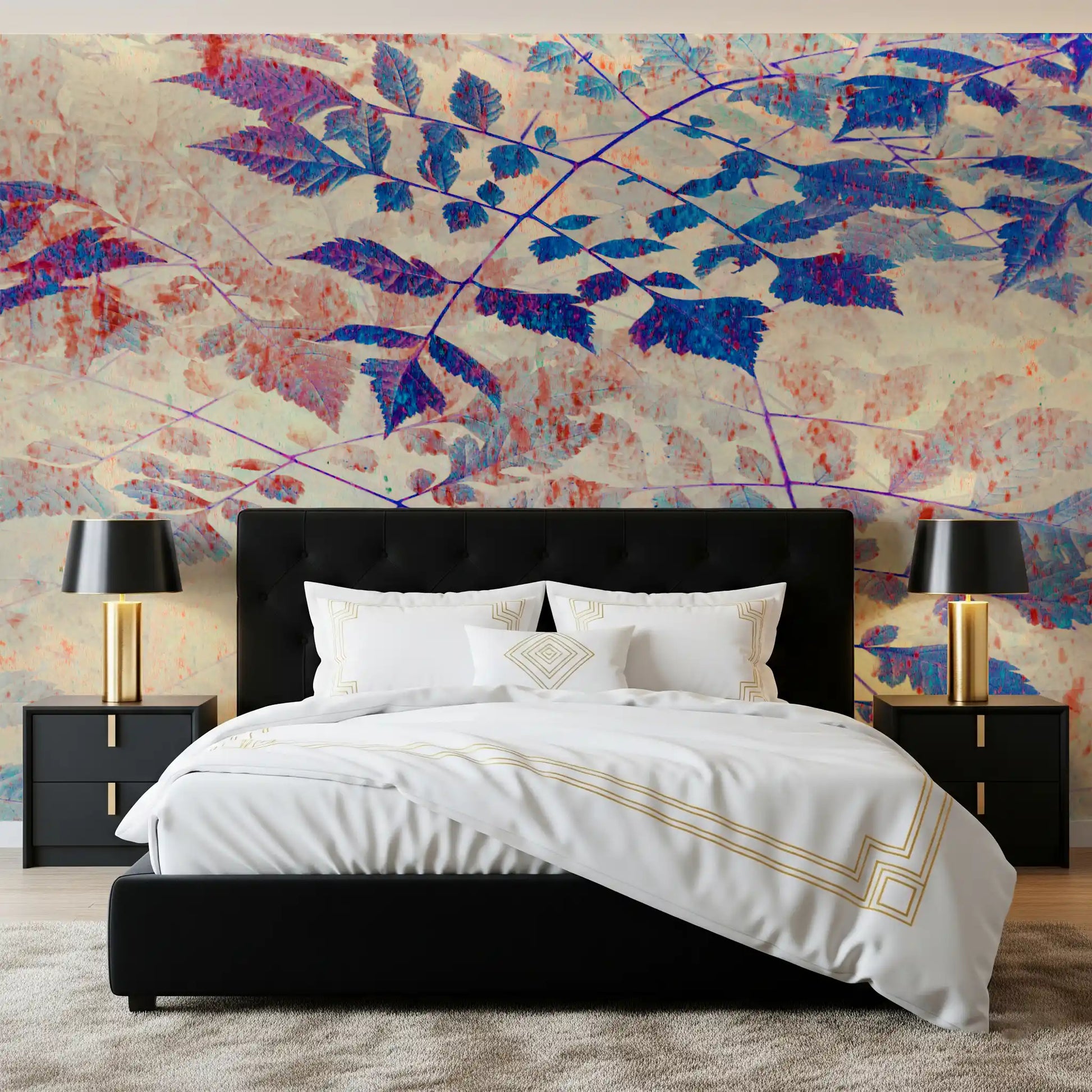 Indigo botanical mural with textured leaves and subtle painterly depth