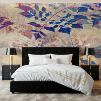 Indigo botanical mural with textured leaves and subtle painterly depth