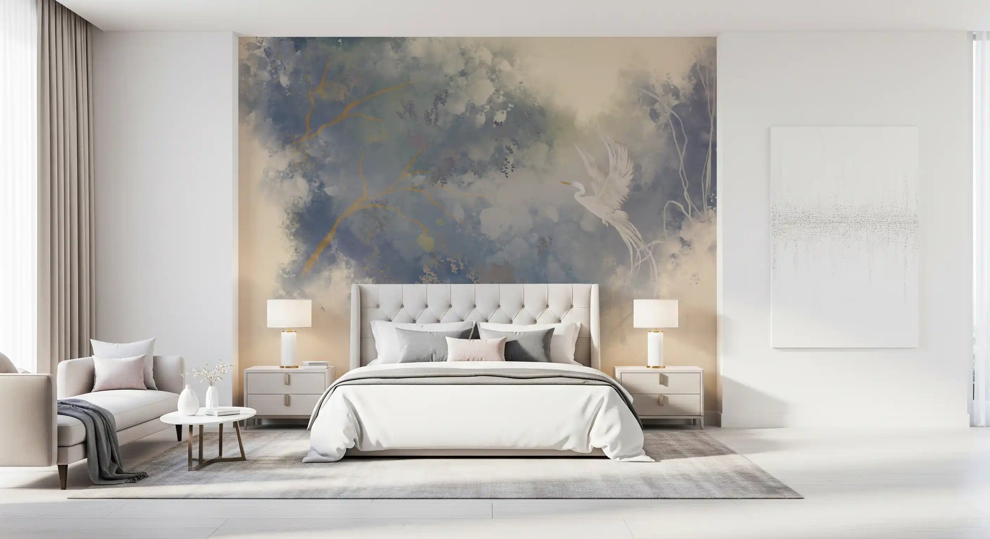 Bedroom Flying Bird wall mural with soft botanical haze and calm tones