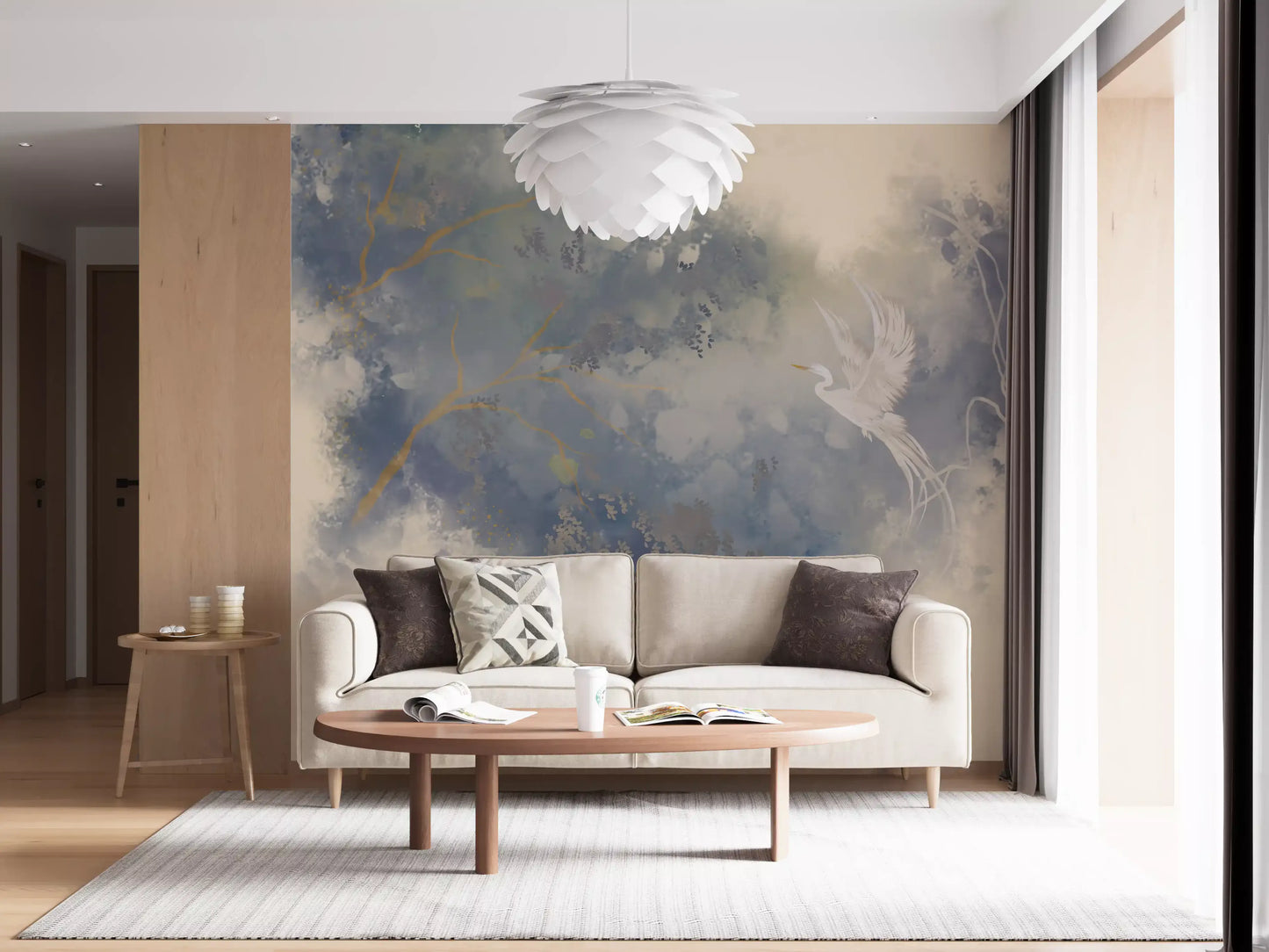 Living room pastel garden wall mural showing airy bird and blue foliage