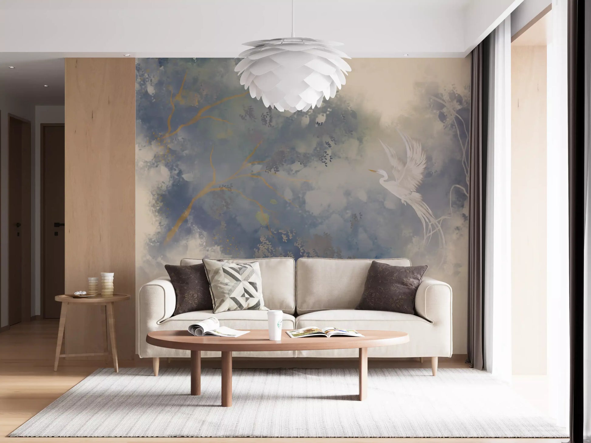 Living room pastel garden wall mural showing airy bird and blue foliage