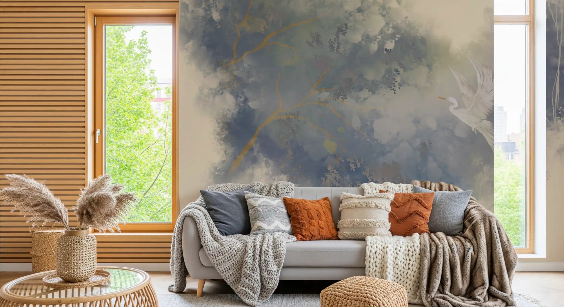 Ethereal pastel wall mural featuring white bird and delicate garden layers