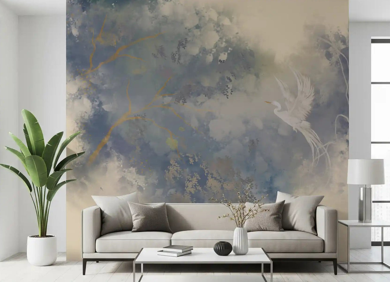 Office area Flying Bird wall mural with soft blue pastel garden mist