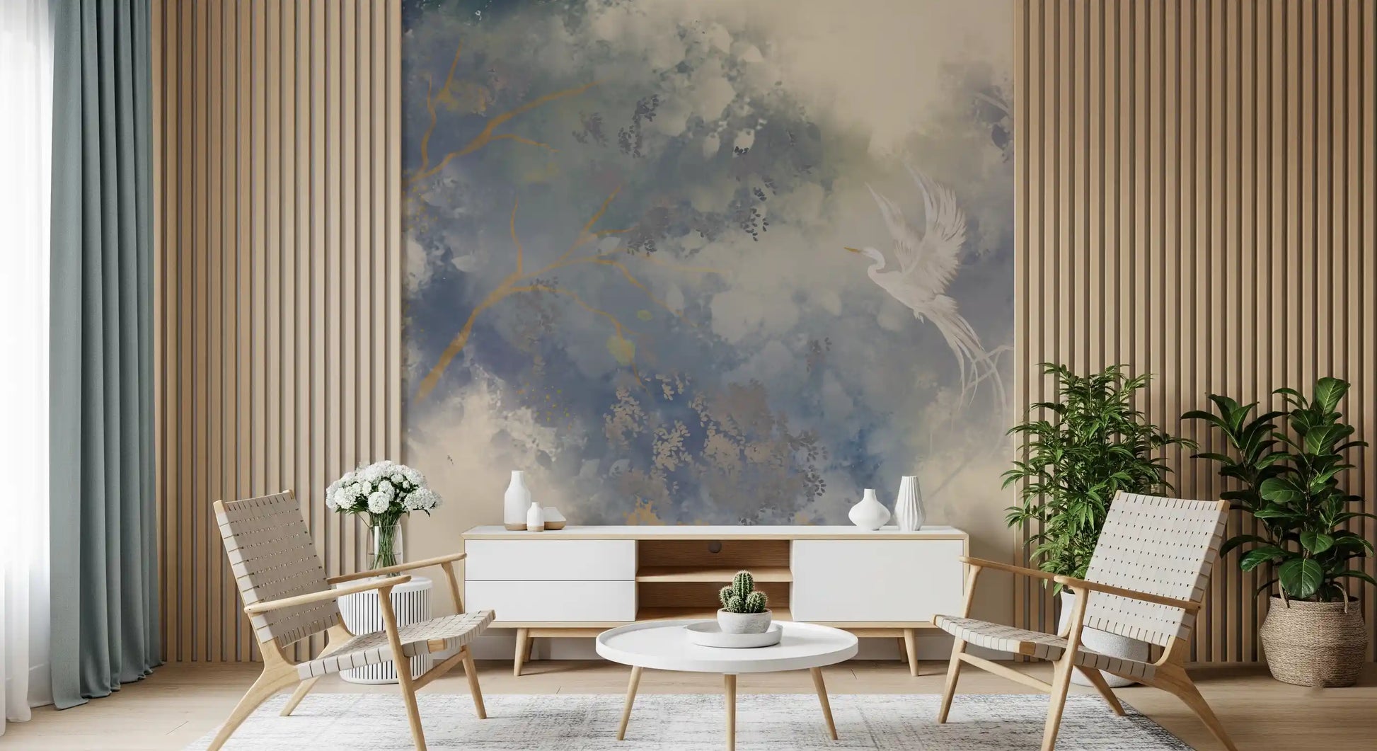 Hallway Ethereal Pastel Garden wall mural with white bird artwork