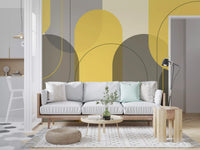 Living room Sunstone Archways mural featuring ochre arches and dark layering