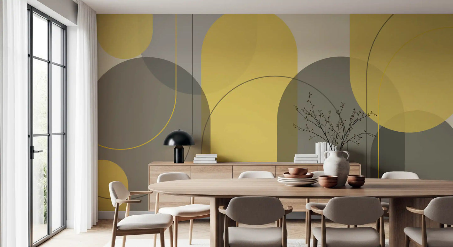 Dining area Sunstone Archways wall mural with abstract panels and curved lines