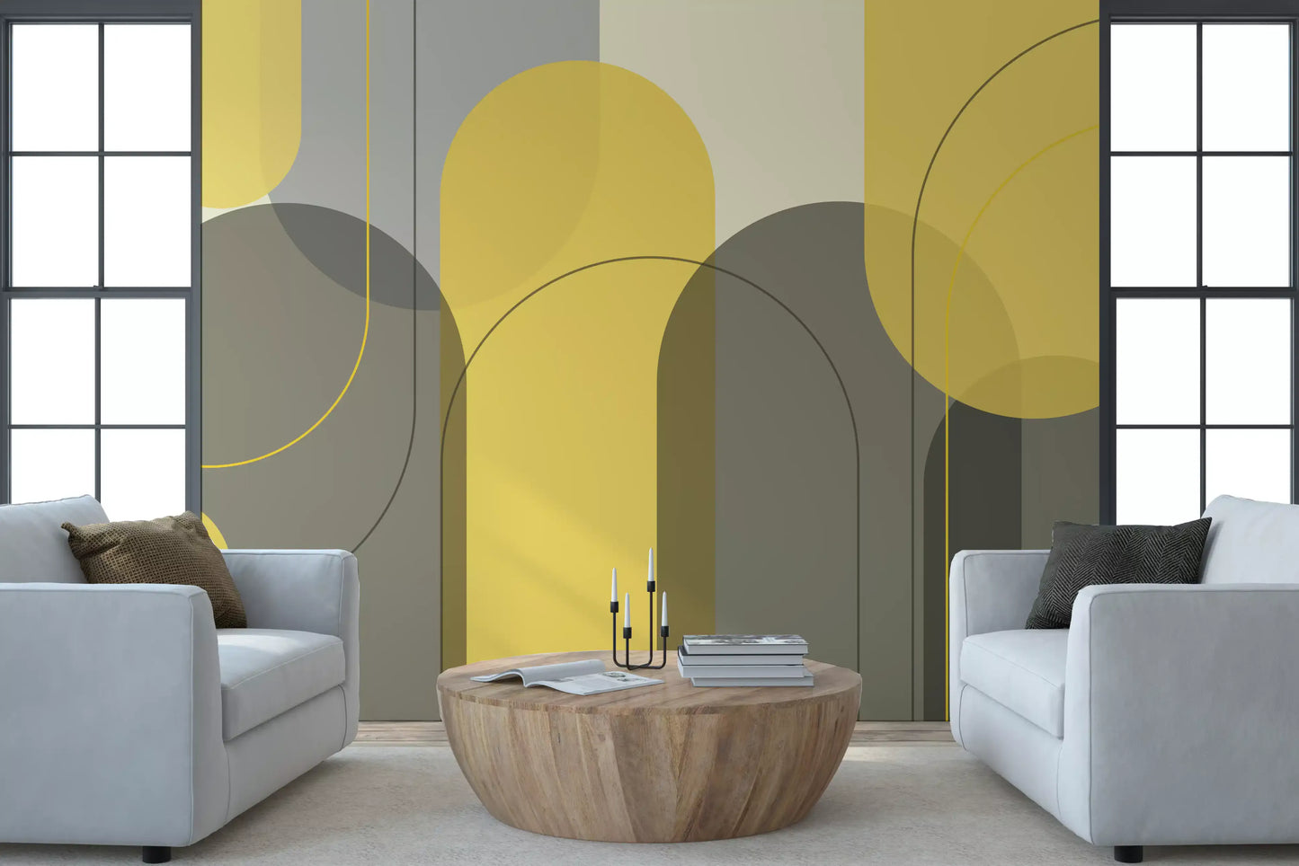 Living room Sunstone Archways mural showing soft circles and sunstone yellow forms