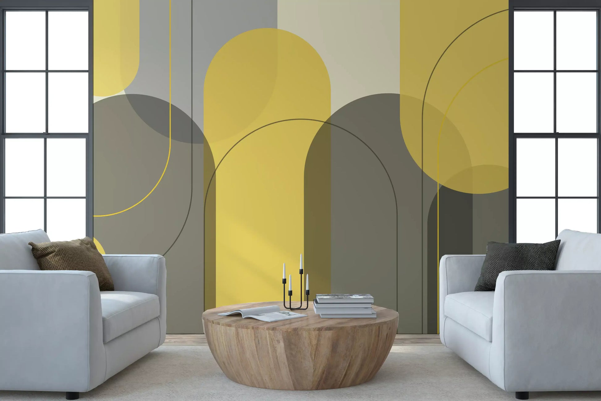 Living room Sunstone Archways mural showing soft circles and sunstone yellow forms