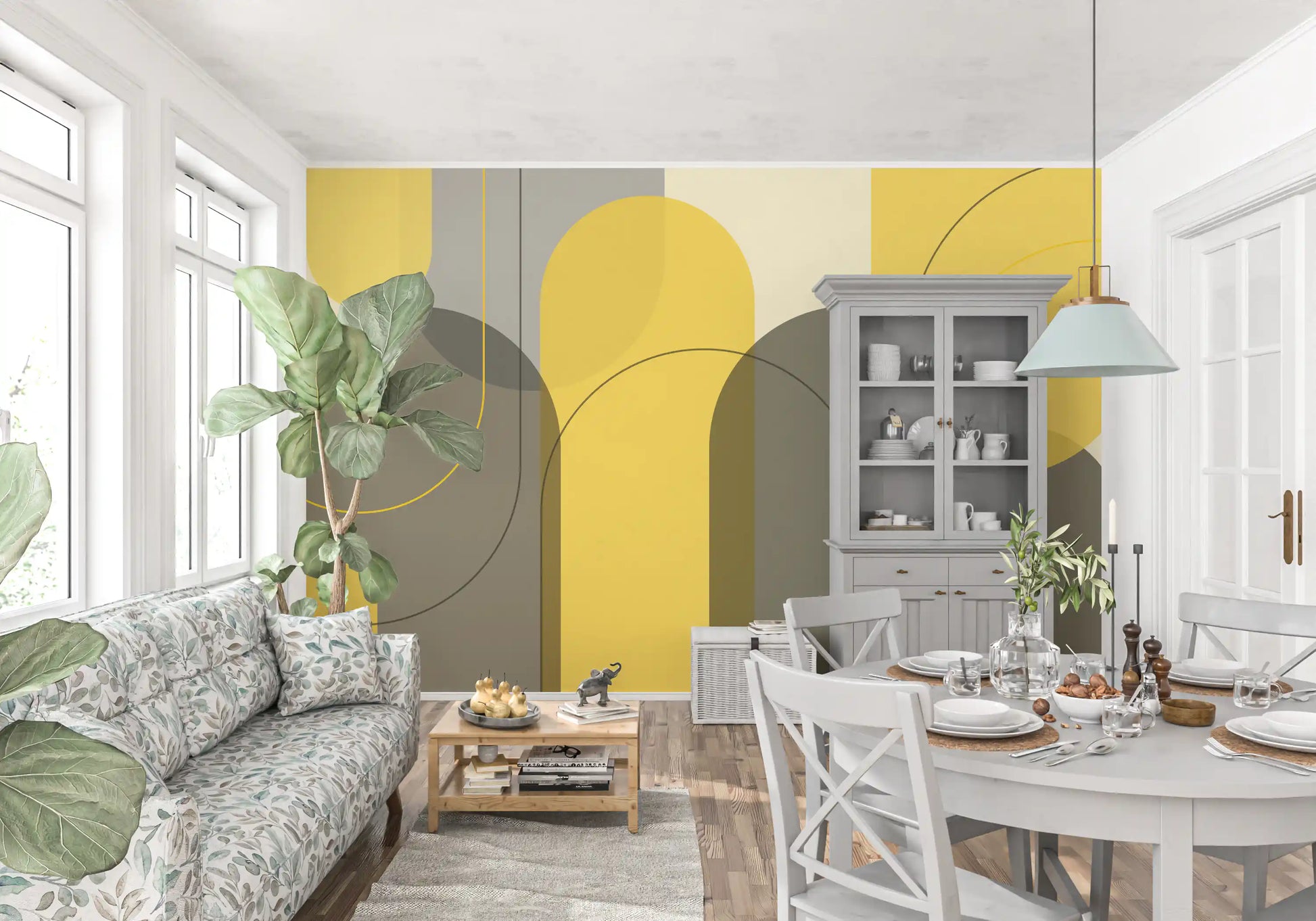 Archways wall mural featuring warm ochre blocks and circular abstract shapes