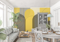 Archways wall mural featuring warm ochre blocks and circular abstract shapes