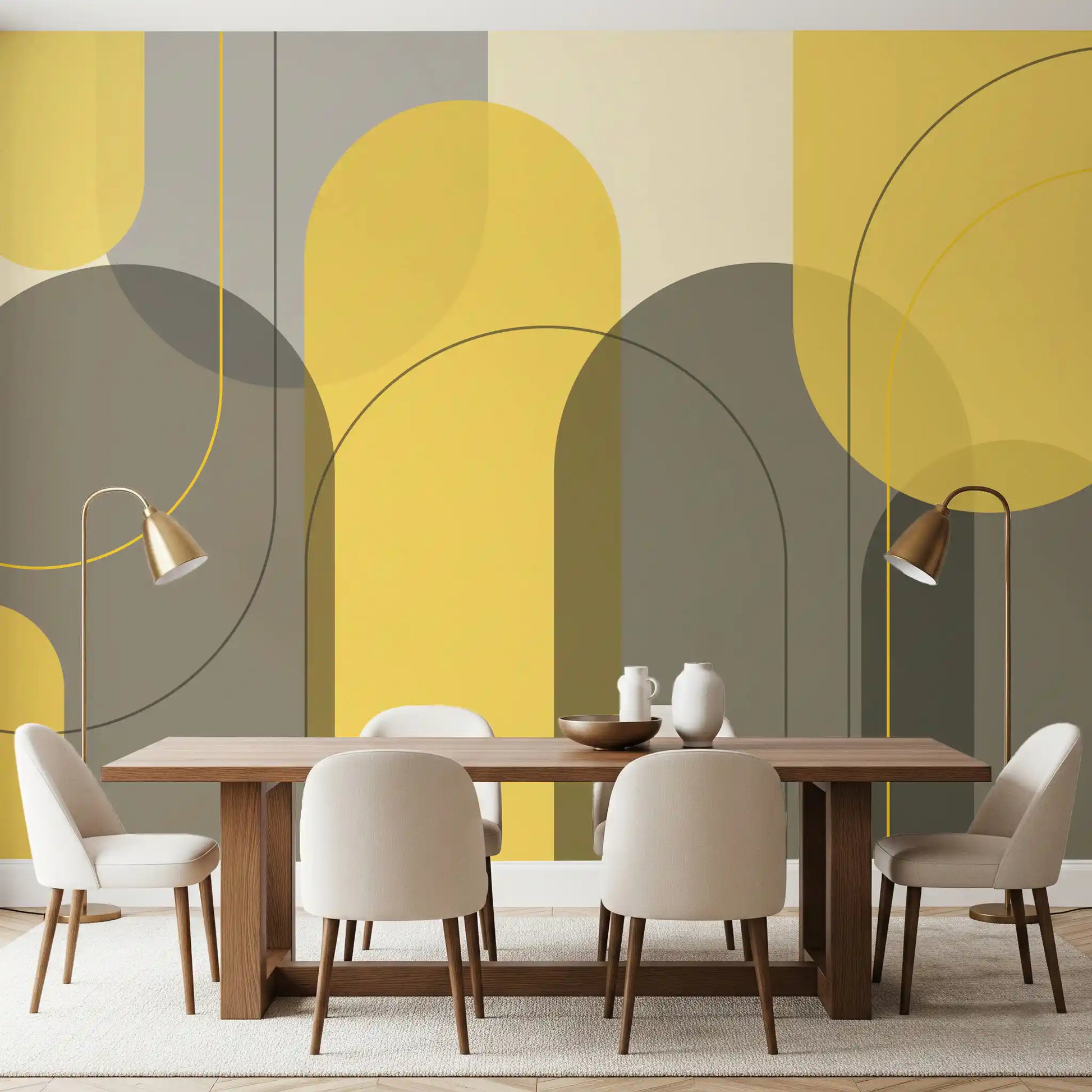 Sunstone Archways wall mural with yellow arches and muted overlay shapes