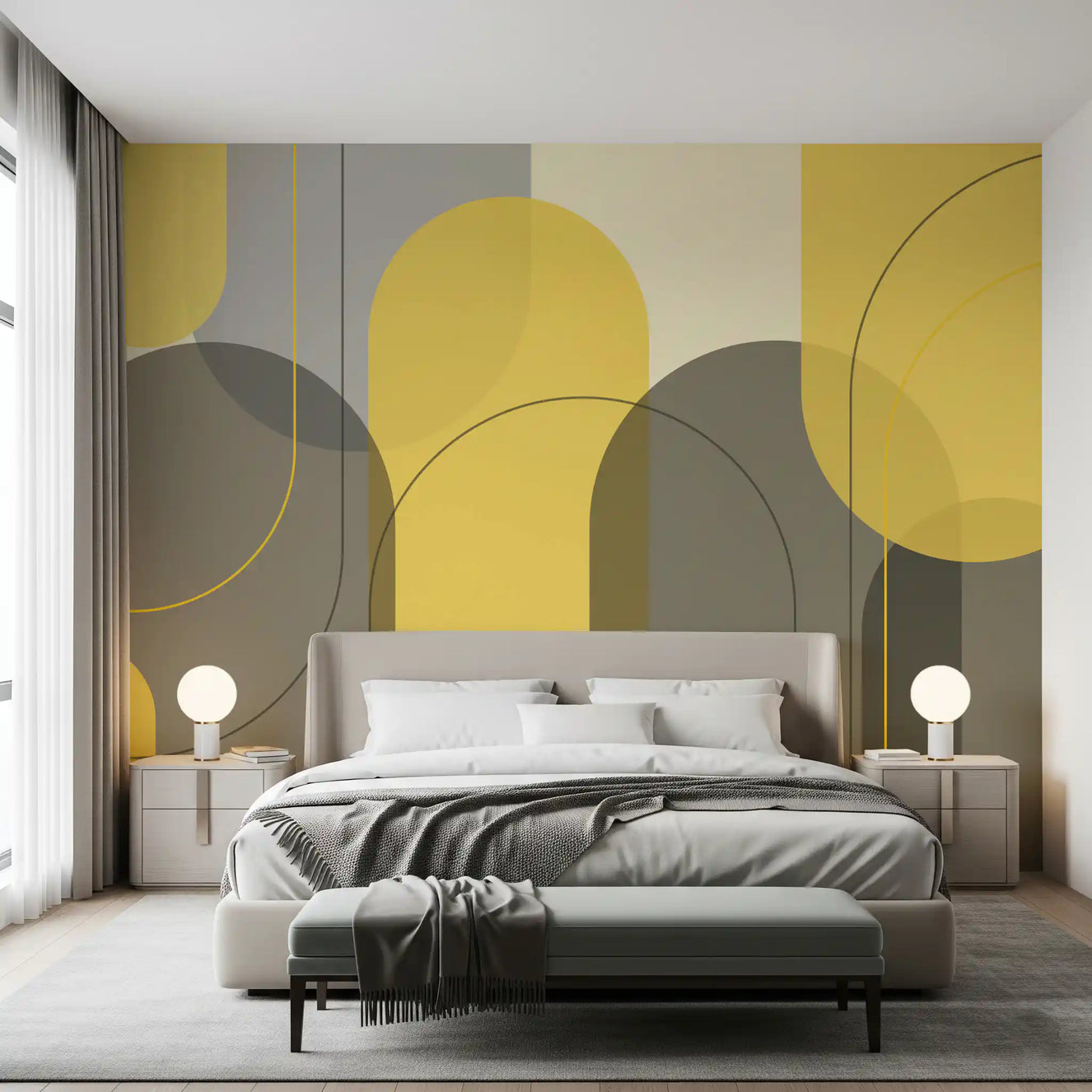 Bedroom Sunstone Archways wall mural with warm arches and charcoal shapes