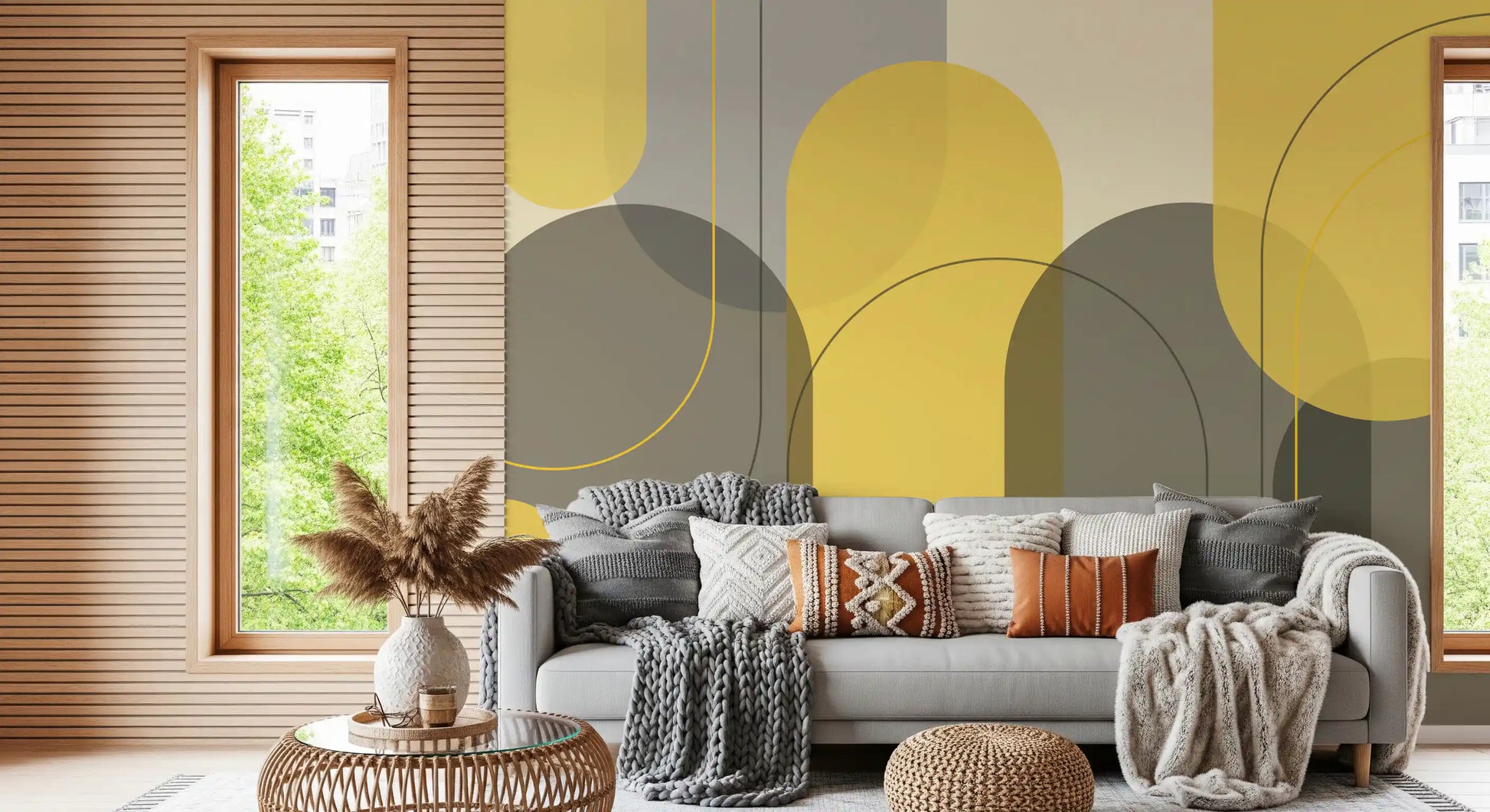 Sunstone Archways wall mural with yellow arches and muted overlay shapes