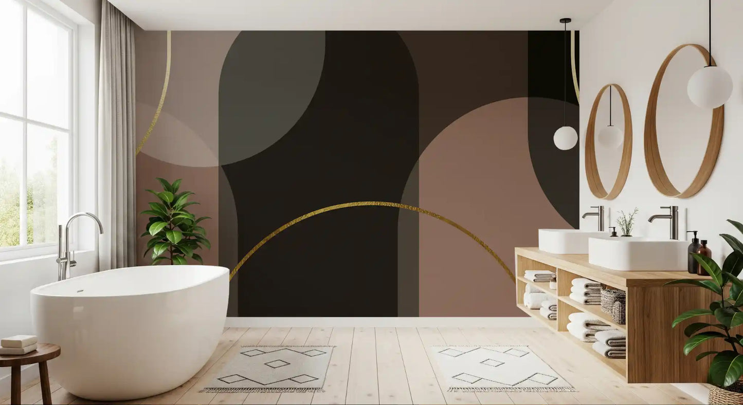 Golden Arches mural showing soft taupe circles and elegant metallic lines
