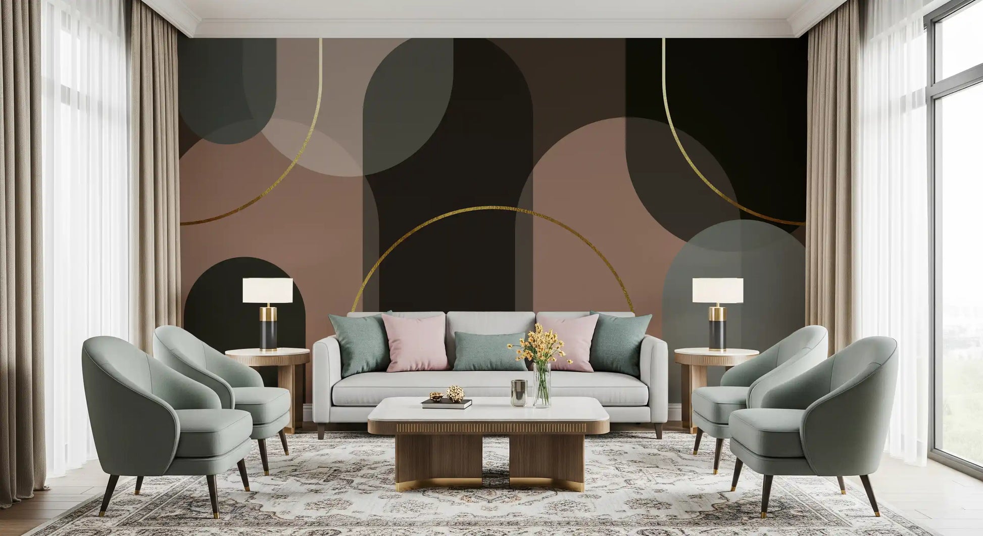 Living room Muted Hues Wall Mural showing layered circles and gold line detail