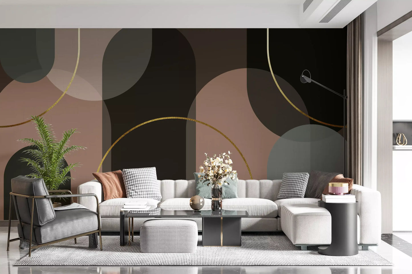 Living room Muted Hues mural with abstract arches and fine gold curves