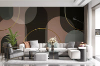 Living room Muted Hues mural with abstract arches and fine gold curves