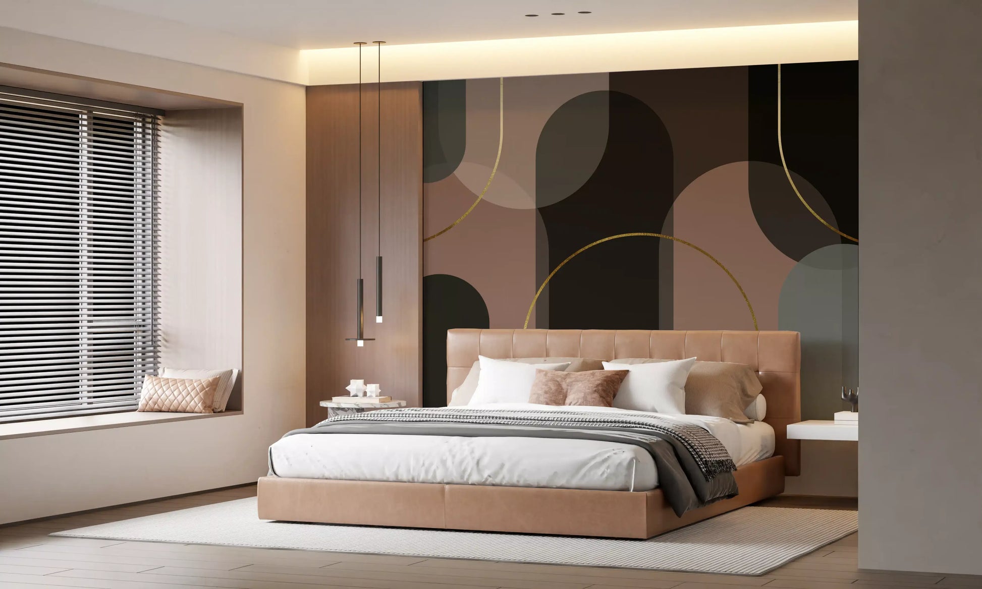 Abstract wall mural featuring curved geometry and balanced neutral layering