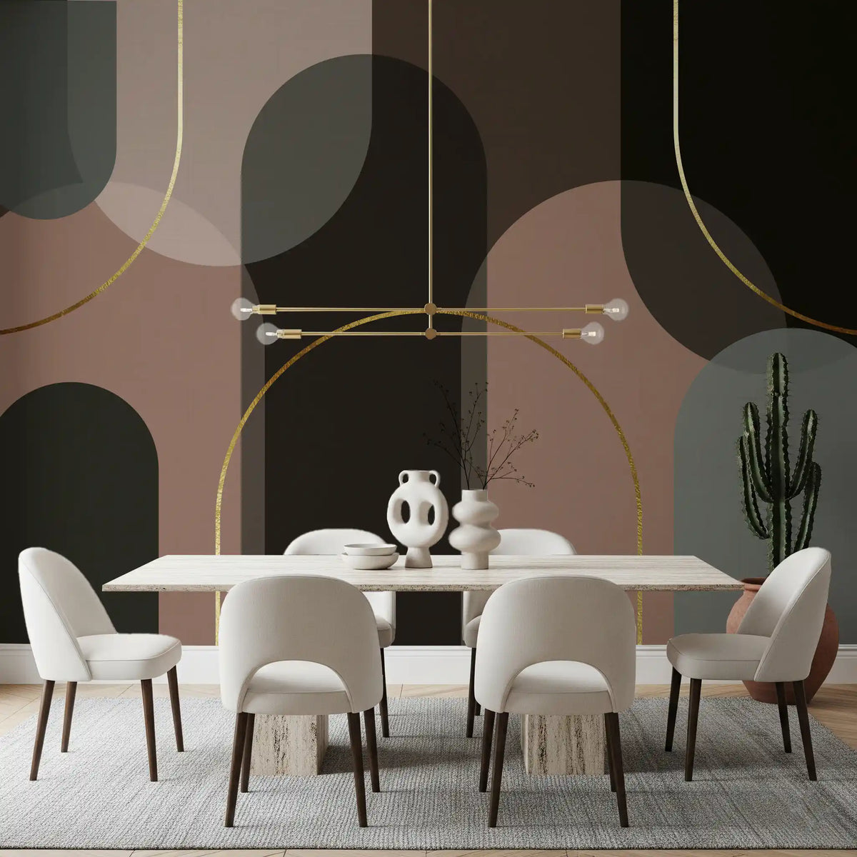 Dining room Golden Arches wall mural with muted blush and dark arch forms