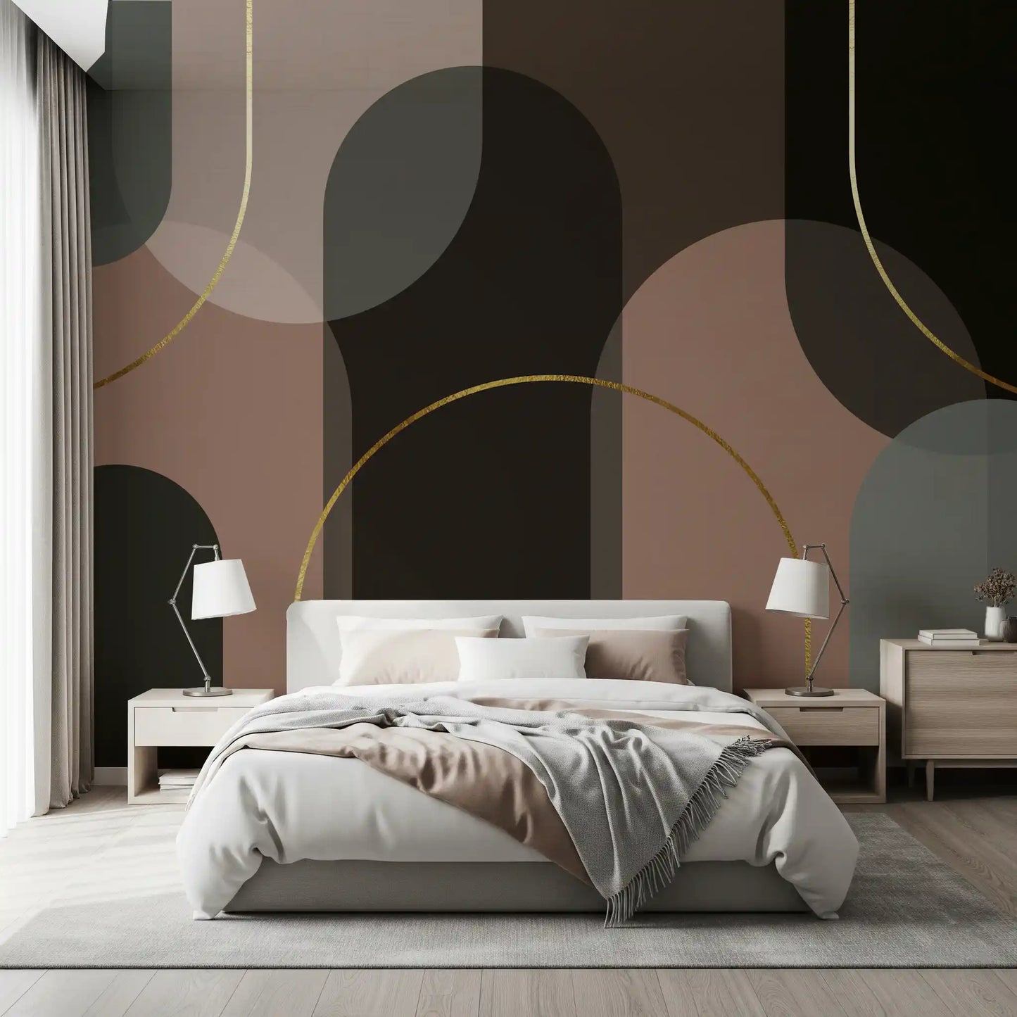 Bedroom Golden Arches mural featuring blush panels and charcoal blocks