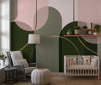 Abstract arch wall mural with calm pink background and green geometric depth
