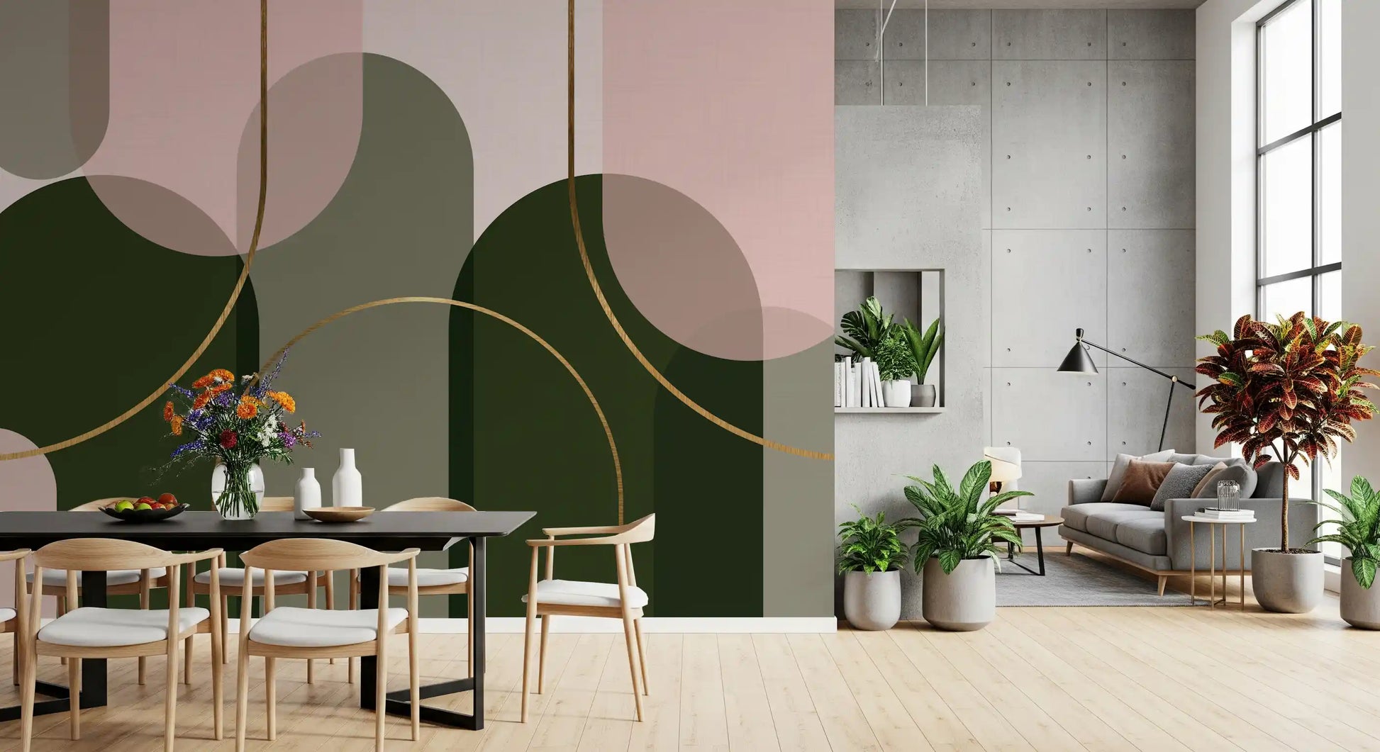 Dining room Arch Harmony mural with abstract geometry and muted colours