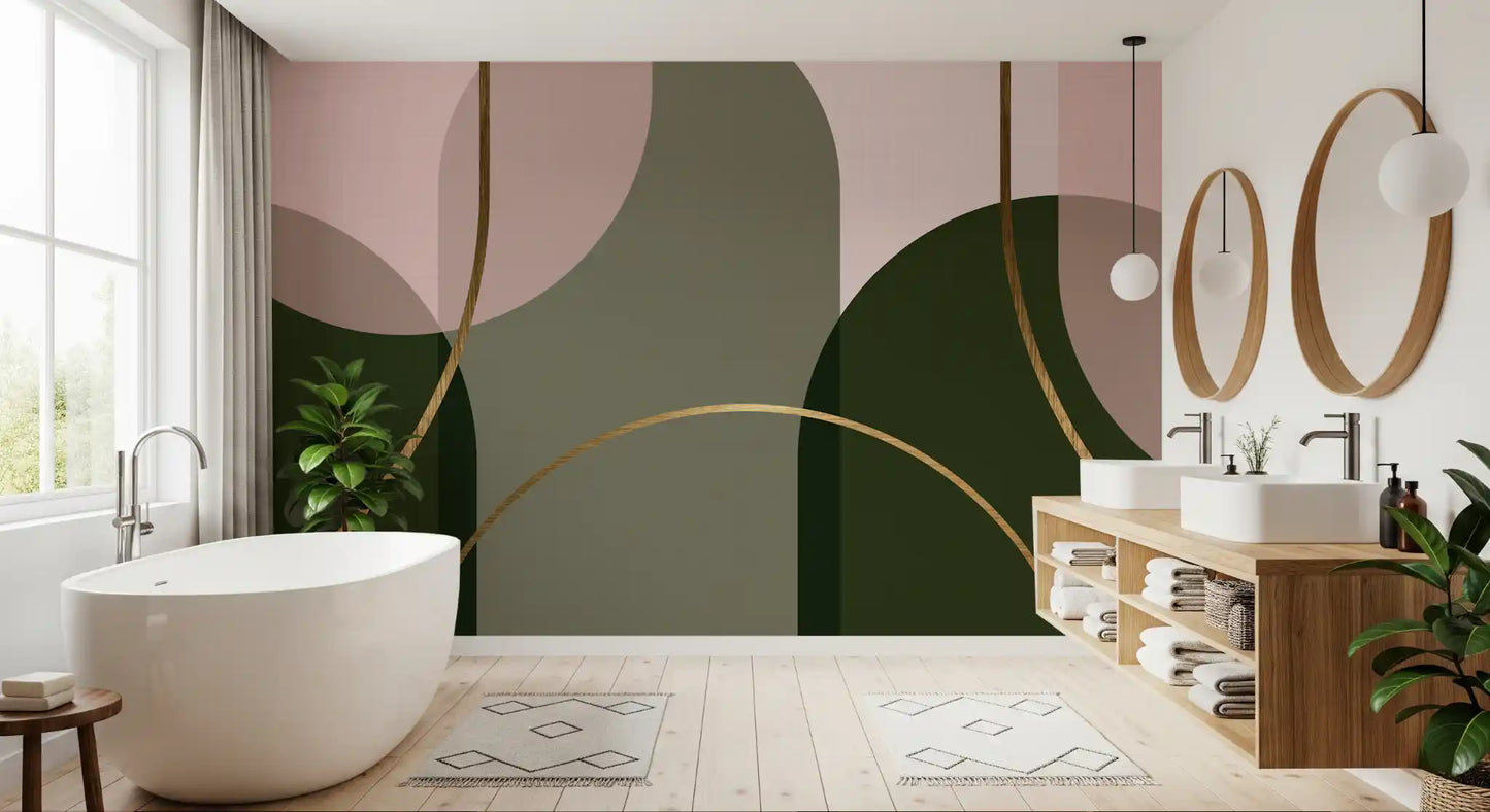 Arch Harmony mural showing sage blocks, blush tones, and rounded structure