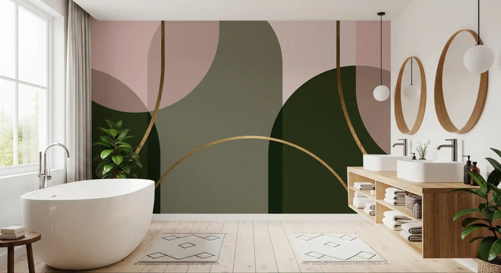 Arch Harmony mural showing sage blocks, blush tones, and rounded structure