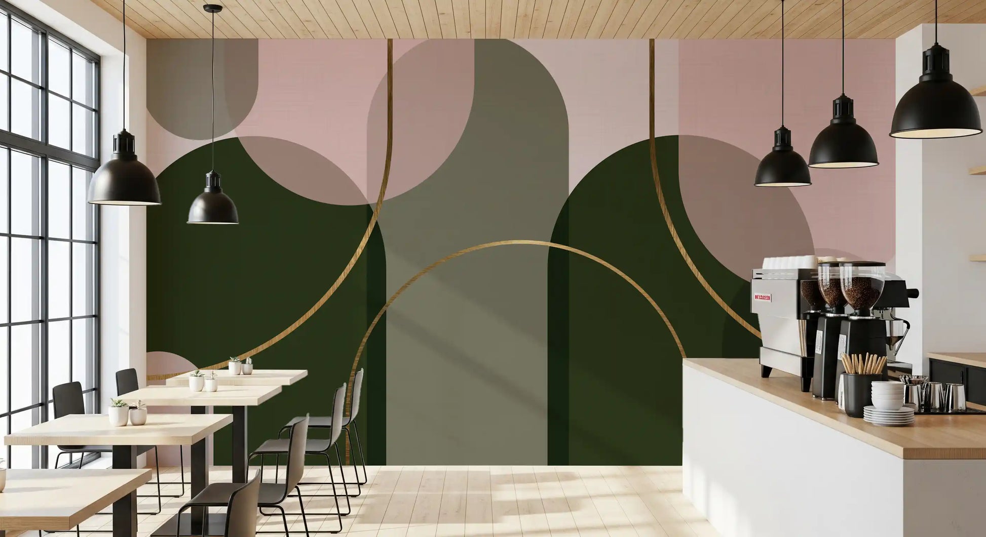 Modern wall mural featuring soft curves, taupe circles, and elegant gold lines
