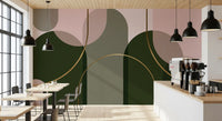 Modern wall mural featuring soft curves, taupe circles, and elegant gold lines