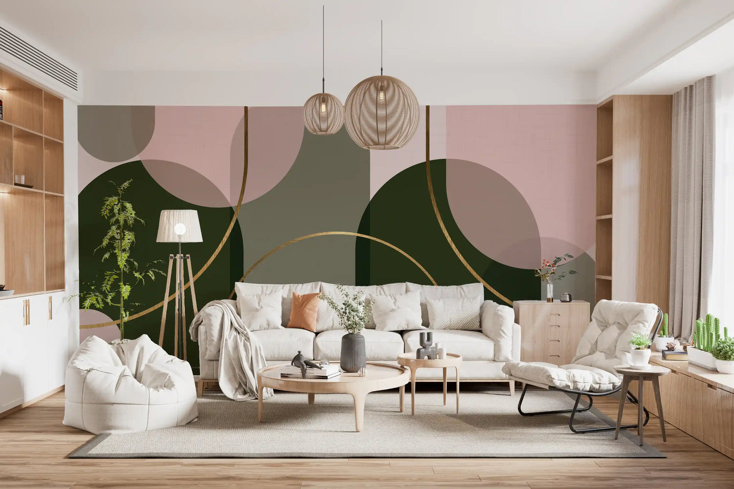Blush abstract mural with clean arch forms and subtle layered contrast