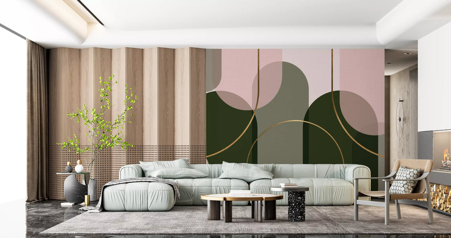 Living area Arch Harmony Wall Mural showing curved gold detail and soft layers