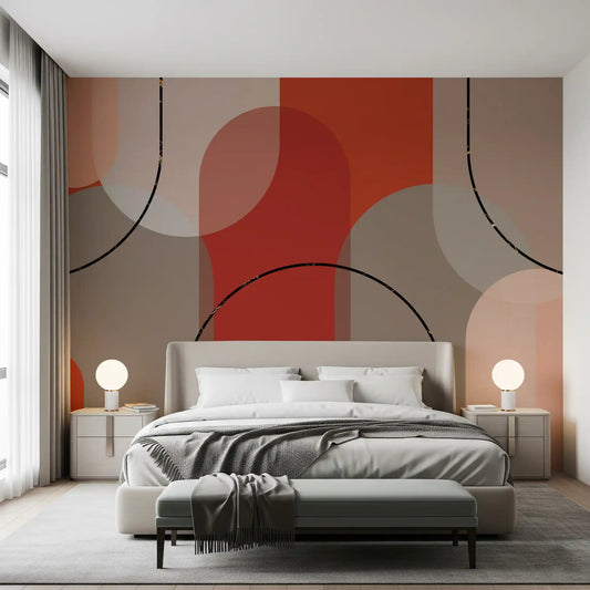 Bedroom wall mural featuring bold arches and dark curved abstract lines
