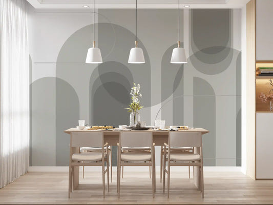 Dining area wall mural showing grey arch shapes with calm abstract styling