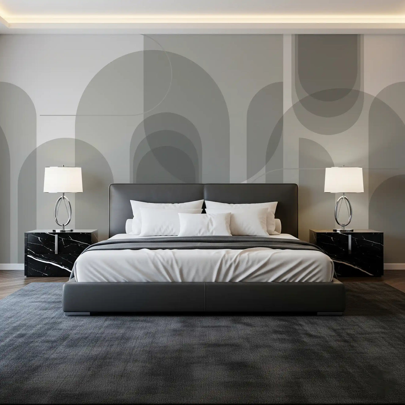 Bedroom wall mural with Abstract Grey Arches and soft geometric layers