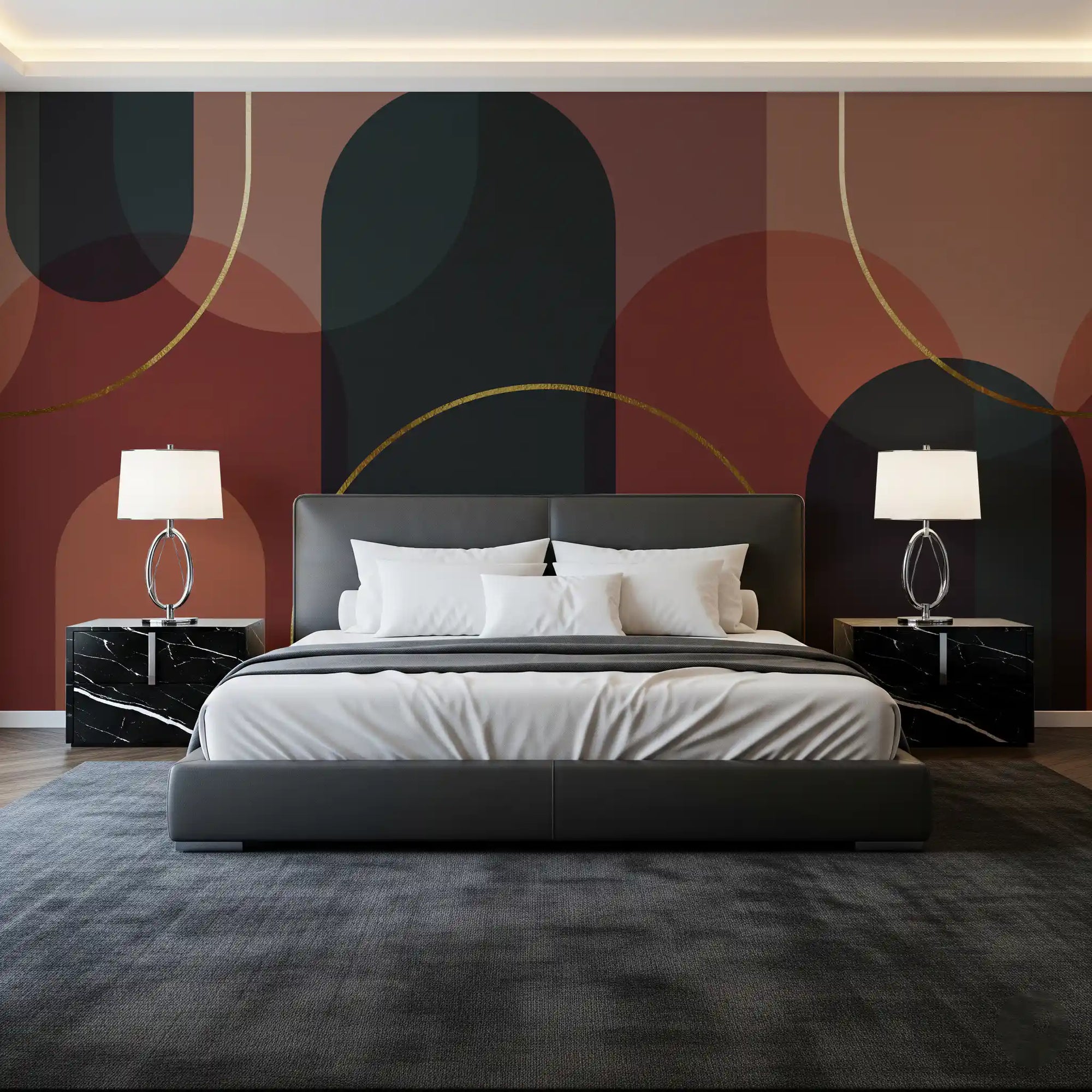 Bedroom Gilded Lines Wall Mural with dark arches and sunset tones