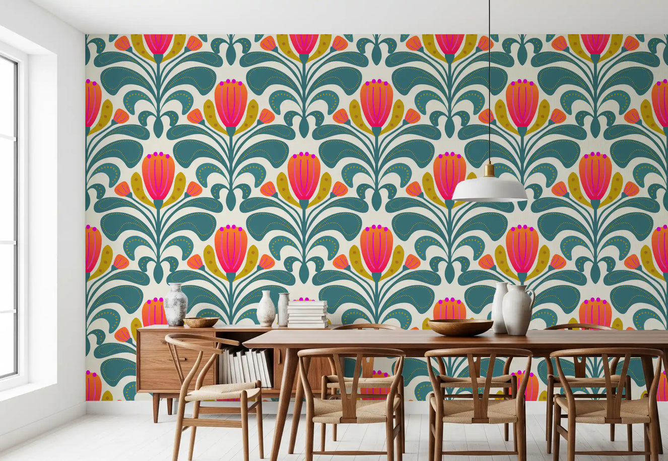 Dining room Botanical Wallpaper with coral petals and decorative dotted details