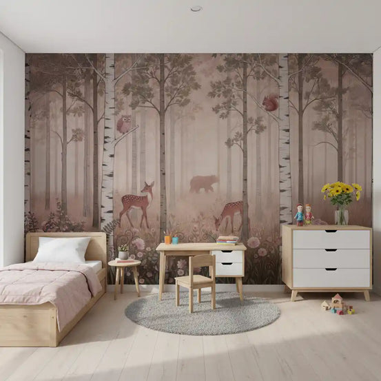 A pink dawn forest wall mural rises behind the bedroom, alive with deer and birch.