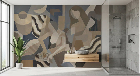 A muted palette of grey, beige and warm brown drives the wall mural composition.