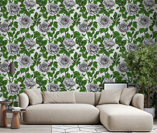 White Rose Garden wallpaper styled across a neutral living room feature