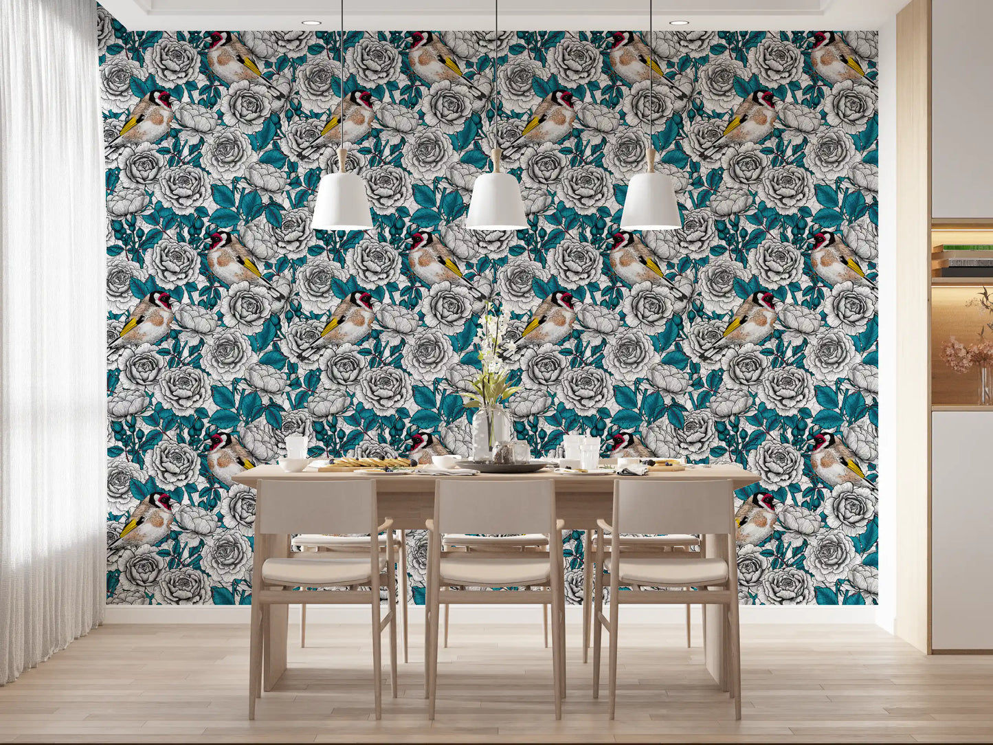 Goldfinch & White and  Teal Rose Garden Wallpaper⁠