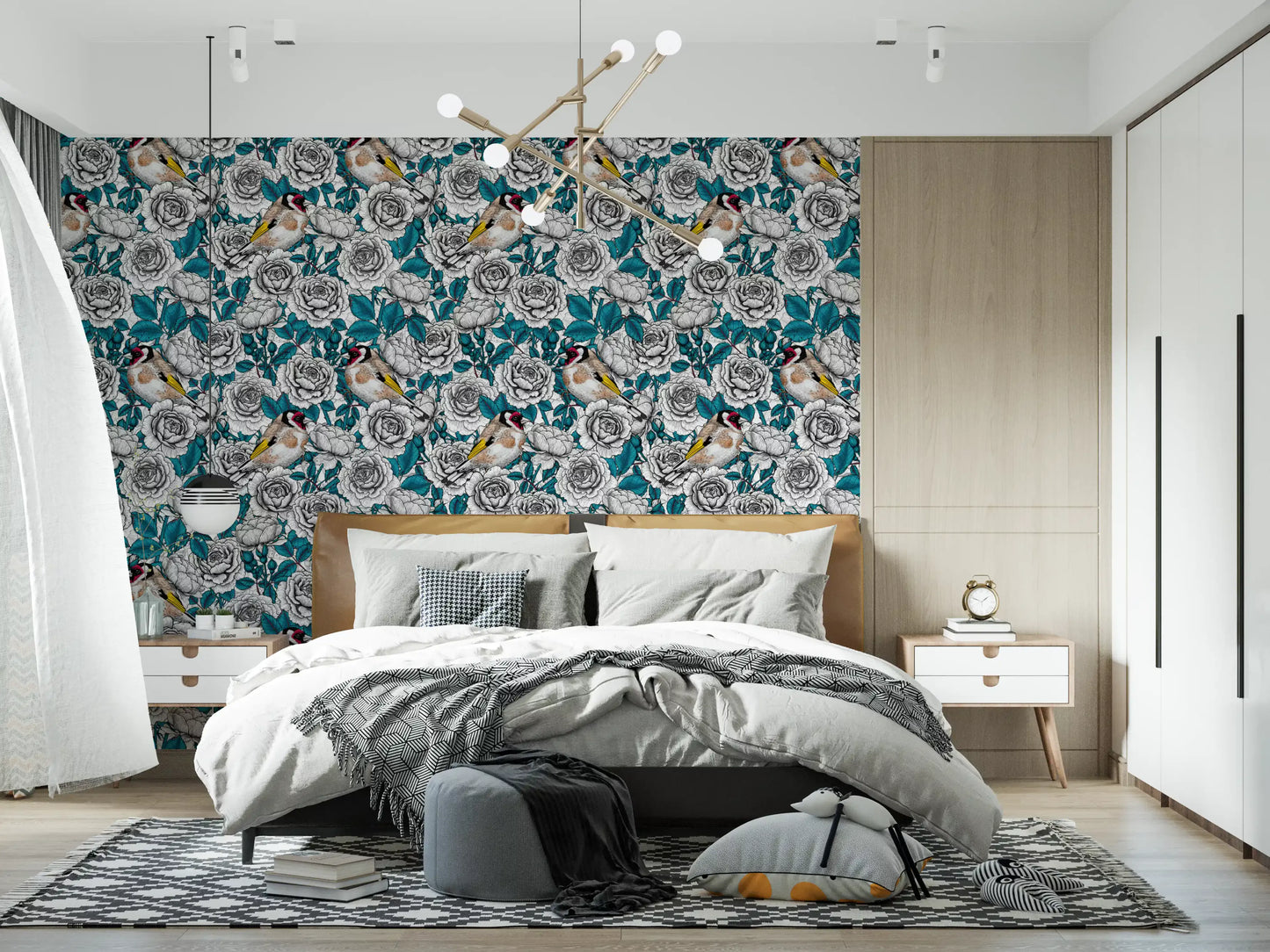 Goldfinch & White and  Teal Rose Garden Wallpaper⁠
