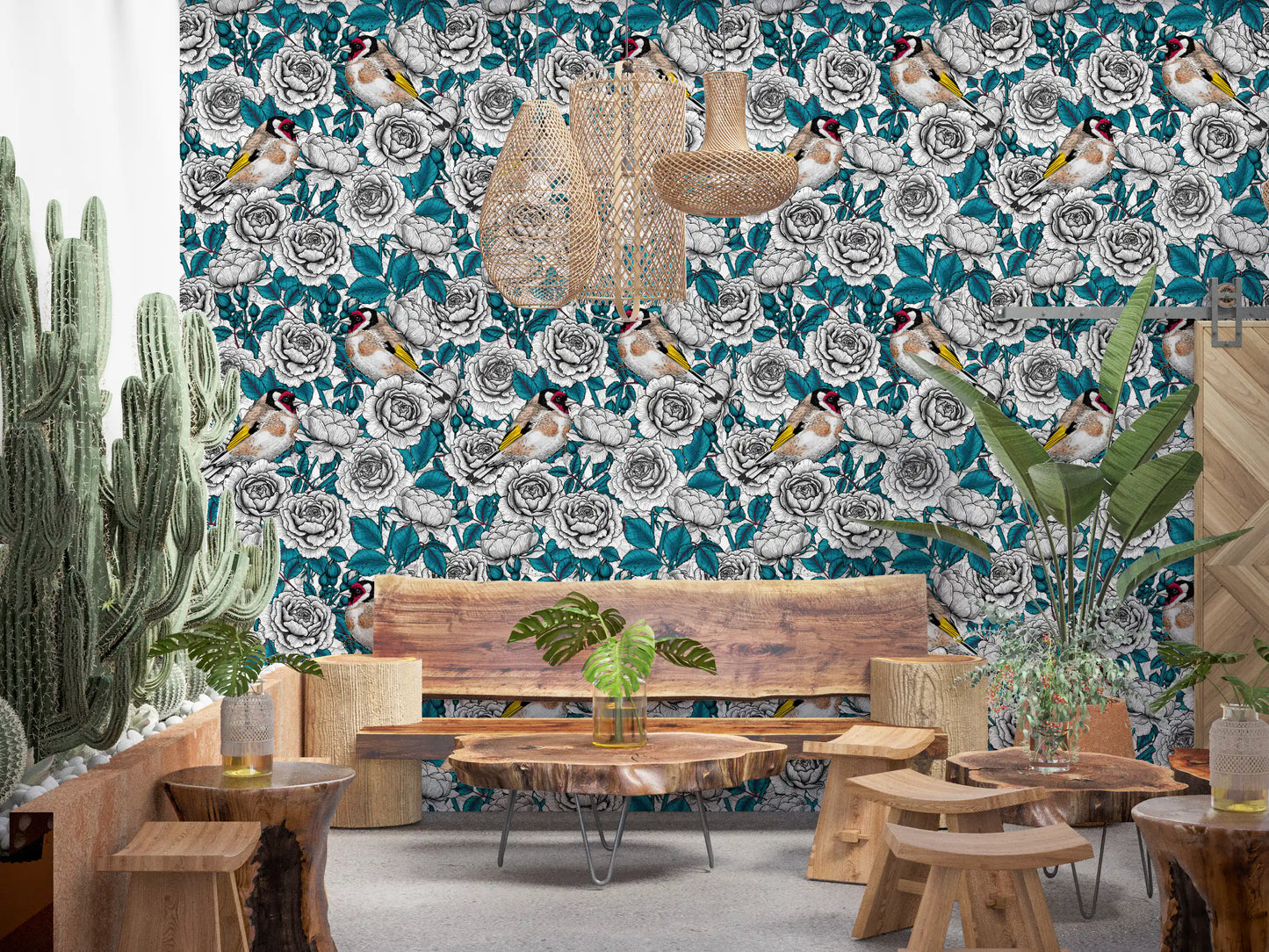 Goldfinch & White and  Teal Rose Garden Wallpaper⁠