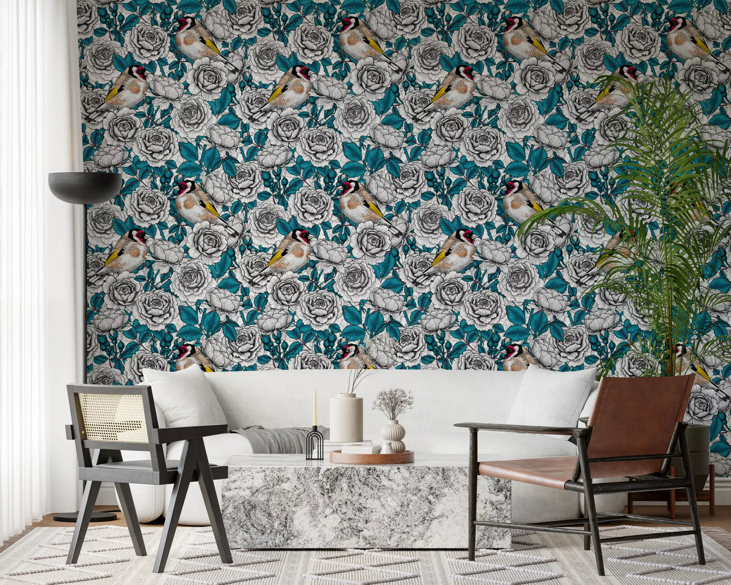 Goldfinch & White and  Teal Rose Garden Wallpaper⁠