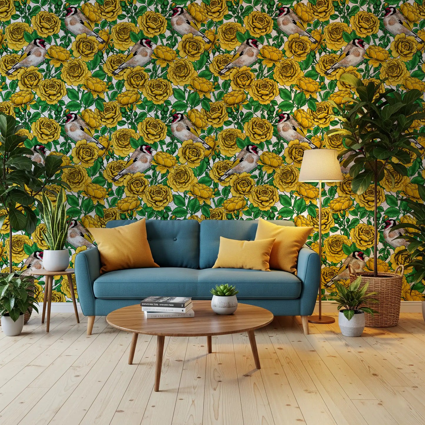 Golden Roses & Goldfinches Wallpaper⁠