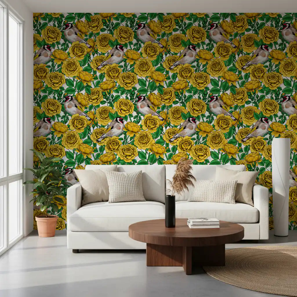 Golden Roses & Goldfinches Wallpaper⁠